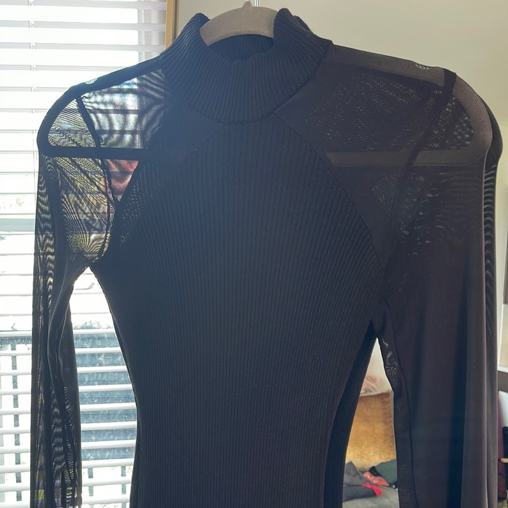FASHION NOVA BLACK RIBBED SWEATER DRESS SHEER SLEEVES